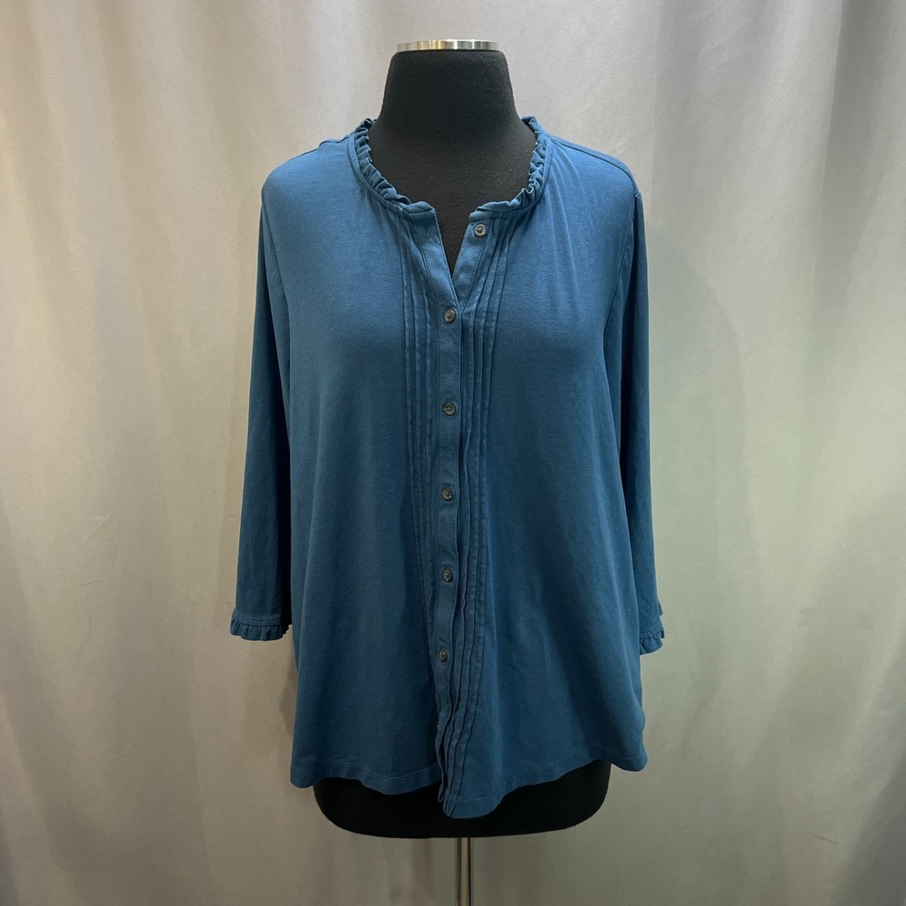 Lands' End 3/4 Sleeve Pintuck Top Womens XL Blue Cotton Lightweight Ruffle Neck